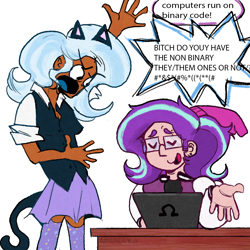 Size: 1500x1500 | Tagged: safe, artist:amendokat, starlight glimmer, trixie, human, g4, cat ears, cat tail, clothes, comic, computer, dark skin, desk, dialogue, duo, female, gender, glasses, humanized, jacket, laptop computer, lesbian, miniskirt, nonbinary, pronouns, ship:startrix, shipping, simple background, skirt, socks, tail, talking, text, thigh highs, thigh socks, white background