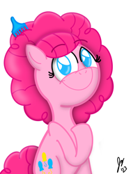 Size: 1620x2160 | Tagged: safe, artist:jesslmc16, pinkie pie, earth pony, pony, g4, afro, alternate hairstyle, comb, digital art, digital drawing, female, hairstyle, looking at you, mare, simple background, sitting, smiling, smiling at you, solo, toy, white background