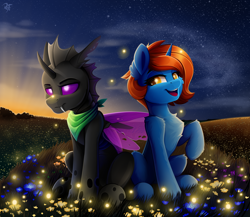 Size: 3000x2600 | Tagged: safe, artist:rainbowfire, oc, oc only, changeling, firefly (insect), insect, pony, unicorn, chest fluff, cloud, cloudy, cute, duo, ear fluff, female, field, flower, fluffy, food, high res, hill, horn, jewelry, looking at you, love, lovers, male, mare, night, open mouth, orange, purple changeling, purple eyes, raised hoof, sky, smiling, smiling at you, spread wings, stallion, stallion oc, stars, sunset, wings, yellow eyes