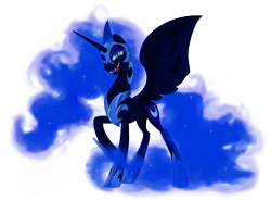 Size: 1990x1470 | Tagged: safe, artist:brisineo, nightmare moon, alicorn, pony, g4, armor, concave belly, ethereal mane, ethereal tail, fangs, female, glowing mane, helmet, hoof shoes, lidded eyes, long mane, long tail, looking at you, mare, peytral, princess shoes, raised hoof, simple background, slender, slit pupils, smiling, solo, spread wings, standing, starry mane, starry tail, tail, thin, three quarter view, transparent background, wings