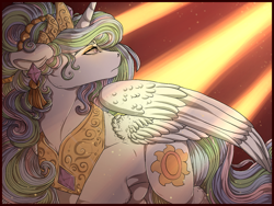 Size: 1280x960 | Tagged: safe, artist:binibean, princess celestia, alicorn, pony, g4, alternate hairstyle, crepuscular rays, ear fluff, ear piercing, earring, ears back, female, jewelry, looking up, mare, partially open wings, piercing, solo, turned head, wings