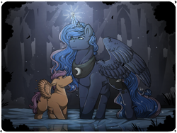 Size: 1280x960 | Tagged: safe, artist:binibean, princess luna, scootaloo, alicorn, pegasus, pony, g4, sleepless in ponyville, blank flank, duo, female, filly, foal, forest, glowing, glowing horn, height difference, horn, legs in the water, looking up, mare, partially open wings, partially submerged, smiling, spread wings, wings