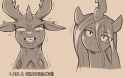 Size: 960x598 | Tagged: safe, artist:cold-blooded-twilight, queen chrysalis, thorax, changedling, changeling, changeling queen, g4, crying, dialogue, female, i am a surgeon, king thorax, meme, monochrome, ponified meme, shivering, sketch, the good doctor