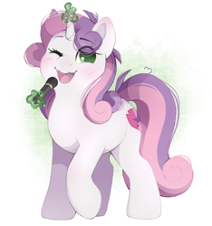 Size: 1826x1952 | Tagged: safe, artist:adostume, sweetie belle, pony, unicorn, blushing, curly hair, cute, diasweetes, ear blush, eyebrows, female, high res, horn, levitation, long hair, long mane, magic, mare, microphone, one eye closed, open mouth, open smile, raised hoof, simple background, singing, smiling, solo, standing, telekinesis, wink