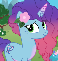 Size: 1080x1156 | Tagged: safe, artist:cstrawberrymilk, misty brightdawn, pony, unicorn, g4, g5, alternate hair color, alternate hairstyle, cute, fake cutie mark, female, flower, flower in hair, freckles, g5 to g4, generation leap, mare, mistybetes, rebirth misty, smiling, solo