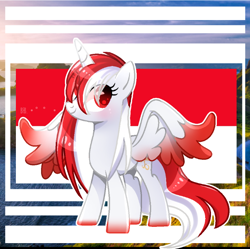 Size: 724x720 | Tagged: safe, artist:diniarvegafinahar, oc, oc only, oc:indonisty, alicorn, pony, colored wings, eye clipping through hair, female, flag, gradient hooves, gradient wings, indonesia, mare, nation ponies, ponified, solo, wings