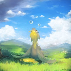 Size: 4000x4000 | Tagged: safe, artist:anticular, derpy hooves, pegasus, pony, g4, absurd resolution, back, bubble, cloud, female, looking up, mare, mountain, solo