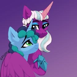 Size: 2000x2000 | Tagged: safe, artist:fv0003, misty brightdawn, opaline arcana, alicorn, pony, unicorn, g5, bracelet, bust, duo, duo female, eye contact, eyebrows, eyebrows visible through hair, eyeshadow, female, gradient background, high res, hoof on chest, hug, jewelry, looking at each other, looking at someone, makeup, mama opaline, mare, nicealine, raised hoof, signature, smiling, smiling at each other, winghug, wings