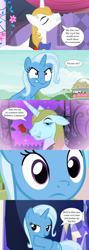Size: 1280x3600 | Tagged: safe, edit, edited screencap, screencap, prince blueblood, trixie, pony, unicorn, all bottled up, g4, magic duel, student counsel, the best night ever, angry, bedroom eyes, comic, female, flirting, flower, implied kissing, male, mare, rose, screencap comic, ship:bluetrix, shipping, speech bubble, stallion, straight