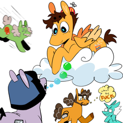 Size: 1280x1280 | Tagged: safe, artist:pcktknife, earth pony, pegasus, pony, unicorn, benrey, cloud, dr bubbly, dr coomer, gordon freeman, group, half-life, hat, helmet, hlvrai, propeller hat, quintet, simple background, thought bubble, tommy coolatta, white background