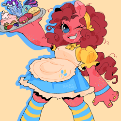 Size: 1280x1280 | Tagged: safe, artist:pcktknife, pinkie pie, anthro, g4, apron, cake, clothes, cupcake, cute, diapinkes, donut, dress, food, freckles, heart, heart eyes, ice cream, looking at you, macaron, one eye closed, pony coloring, puffy sleeves, simple background, smiling, smiling at you, socks, solo, thigh highs, wingding eyes, wink, winking at you, wristband, yellow background
