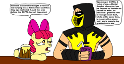 Size: 2300x1200 | Tagged: safe, artist:blackrhinoranger, apple bloom, earth pony, human, pony, g4, bar, cider, coppa, crossover, daffy duck, drink, duo, human and pony, irony, juice, juice box, looney tunes, misspelling, mortal kombat, mortal kombat legends: battle of the realms, mortal kombat legends: scorpion's revenge, ninja, scooby-doo, scooby-doo!, scorpion (mortal kombat), shaggy rogers, speech bubble, story included, youtube, youtube kids shit