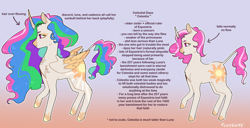 Size: 1280x656 | Tagged: safe, artist:pcktknife, princess celestia, alicorn, pony, unicorn, g4, alternate design, alternate versions at source, arrow, body markings, chest fluff, colored hooves, colored wings, colored wingtips, dyed mane, dyed tail, ethereal hair, ethereal mane, ethereal tail, facial markings, folded wings, gradient background, headcanon, implied discord, implied princess cadance, implied princess luna, lavender background, leonine tail, magenta eyes, multicolored hair, race swap, raised hoof, redesign, shoulder fluff, simple background, solo, tail, text, unicorn celestia, wings, young celestia