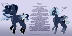 Size: 1280x656 | Tagged: safe, artist:pcktknife, princess luna, alicorn, pegasus, pony, g4, alternate design, alternate versions at source, arrow, beanbrows, body markings, chest fluff, coat markings, colored wings, colored wingtips, curved horn, ethereal hair, ethereal mane, ethereal tail, eyebrows, facial markings, folded wings, gradient background, headcanon, horn, implied princess celestia, lavender background, multicolored wings, pale belly, pegasus luna, race swap, raised hoof, redesign, shoulder fluff, simple background, socks (coat markings), solo, standing, starry hair, starry mane, starry tail, tail, text, wavy mane, wings, young luna