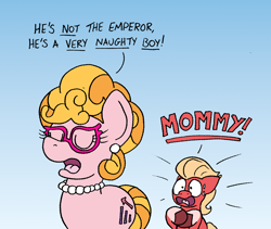 Size: 1806x1524 | Tagged: safe, artist:bobthedalek, phyllis cloverleaf, sprout cloverleaf, earth pony, pony, g5, my little pony: a new generation, spoiler:g5, duo, emanata, eyes closed, female, glasses, gradient background, jewelry, male, mare, mommy, monty python, monty python's life of brian, mother and child, mother and son, necklace, open mouth, parent and child, stallion, sweat, sweatdrop, unshorn fetlocks