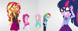 Size: 1416x563 | Tagged: safe, composite screencap, edit, edited screencap, editor:incredibubbleirishguy, screencap, fluttershy, pinkie pie, rainbow dash, sci-twi, sunset shimmer, twilight sparkle, human, equestria girls, equestria girls specials, g4, my little pony equestria girls: better together, my little pony equestria girls: rollercoaster of friendship, annoyed, clothes, embarrassed, embarrassed grin, fluttershy boho dress, panorama, rageset shimmer, rah rah skirt, red face, skirt, white room