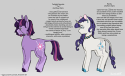 Size: 1280x777 | Tagged: safe, artist:pcktknife, rarity, twilight sparkle, pony, unicorn, g4, alternate cutie mark, alternate versions at source, beard, bearded female, blaze (coat marking), blue eyes, broken horn, coat markings, colored hooves, curved horn, duo, ear piercing, earring, eyeshadow, facial hair, facial markings, glasses, glasses chain, gradient background, gray background, headcanon, hoof polish, horn, horn ring, jewelry, leonine tail, makeup, necklace, piercing, pronouns, prosthetic horn, prosthetics, purple eyes, redesign, ring, simple background, socks (coat markings), standing, tail, text, unicorn twilight