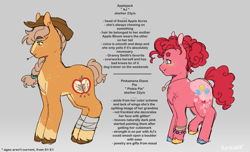 Size: 1280x777 | Tagged: safe, artist:pcktknife, applejack, pinkie pie, earth pony, pony, g4, alternate cutie mark, alternate design, applejack's hat, bandage, blaze (coat marking), blue eyes, body freckles, body markings, bracelet, braid, braided ponytail, chest fluff, coat markings, colored hooves, cowboy hat, duo, facial markings, freckles, gradient background, gray background, green eyes, hat, headcanon, hooves, implied apple bloom, implied granny smith, implied maud pie, jewelry, leg freckles, leg wraps, locket, mismatched hooves, multicolored hooves, necklace, pale belly, pigtails, ponytail, raised hoof, redesign, shaped eyebrows, short tail, shoulder fluff, simple background, socks (coat markings), standing, tail, text, thick eyebrows, unshorn fetlocks