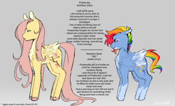 Size: 1280x777 | Tagged: safe, artist:pcktknife, fluttershy, rainbow dash, pegasus, pony, g4, alternate cutie mark, alternate design, alternate hairstyle, body markings, chest fluff, coat markings, colored hooves, colored wings, colored wingtips, duo, ears back, facial markings, facial scar, folded wings, gradient background, gray background, headcanon, implied zephyr breeze, leg scar, pale belly, pronouns, redesign, scar, shoulder fluff, simple background, socks (coat markings), standing, tall, text, torn ear, wings