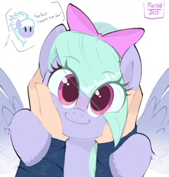 Size: 1052x1102 | Tagged: safe, artist:mar0x8, part of a set, cloudchaser, flitter, human, pegasus, pony, g4, blushing, bow, cute, eye clipping through hair, eyebrows, eyebrows visible through hair, female, flitterbetes, hair bow, human on pony petting, looking at you, male, male pov, mare, offscreen character, offscreen male, petting, pov, simple background, smiling, smiling at you, solo focus, squishy cheeks, weapons-grade cute, white background