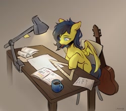 Size: 2082x1828 | Tagged: safe, artist:laymy, oc, oc only, pegasus, pony, book, chair, desk lamp, guitar, musical instrument, pencil in mouth, ruler, solo, table