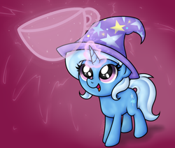 Size: 2502x2118 | Tagged: safe, artist:background basset, trixie, pony, unicorn, g4, big eyes, clothes, cup, cute, diatrixes, female, hat, high res, magic, open mouth, simple background, solo, teacup, that pony sure does love teacups, trixie's hat