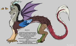 Size: 1280x777 | Tagged: safe, artist:pcktknife, discord, draconequus, g4, antlers, bat wings, beard, claws, cloven hooves, coat markings, colored wings, colored wingtips, dappled, facial hair, fangs, folded wings, gray background, headcanon, horns, implied princess celestia, implied princess luna, male, pale belly, paws, redesign, simple background, solo, spread wings, standing, talons, text, wings