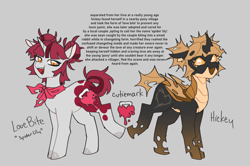Size: 1280x848 | Tagged: safe, artist:pcktknife, changeling, pony, unicorn, g4, bandana, brown changeling, clothes, disguise, disguised changeling, fangs, folded wings, golden eyes, gradient legs, gray background, hair bun, himiko toga, looking at you, my hero academia, neckerchief, ponified, raised hoof, simple background, solo, space buns, text, wings, yellow eyes