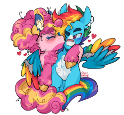 Size: 1280x1191 | Tagged: safe, artist:pcktknife, pinkie pie, rainbow dash, earth pony, pegasus, pony, g4, alternate design, bandaid, bandaid on nose, cheek kiss, cloud pattern, coat markings, colored wings, duo, female, heart, hug, kissing, lesbian, multicolored wings, rainbow wings, ship:pinkiedash, shipping, simple background, white background, winghug, wings