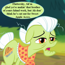 Size: 720x720 | Tagged: safe, edit, edited screencap, editor:korora, screencap, granny smith, earth pony, pony, flutter brutter, g4, pinkie apple pie, clothes, cropped, funetik aksent, granny smith's shawl, implied fluttershy, implied zephyr breeze, offscreen character, scarf, solo, speech bubble