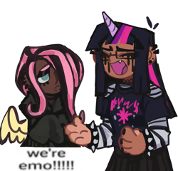 Size: 1280x1230 | Tagged: safe, artist:pcktknife, fluttershy, twilight sparkle, human, g4, black nail polish, choker, clothes, dark skin, duo, dyed hair, ear piercing, earring, emo, eyeshadow, hoodie, horn, horned humanization, humanized, jewelry, makeup, mascara, meme, piercing, simple background, spiked wristband, we're emo, white background, winged humanization, wings, wristband