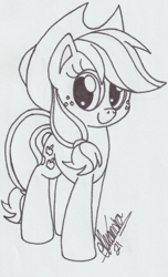 Size: 940x1545 | Tagged: safe, artist:rhythm-is-best-pony, applejack, earth pony, pony, g4, lineart, monochrome, smiling, solo, traditional art