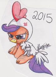 Size: 1001x1389 | Tagged: safe, artist:rhythm-is-best-pony, scootaloo, pegasus, pony, g4, 2015, animal costume, chicken suit, clothes, costume, cross-popping veins, emanata, scootachicken, scootaloo is not amused, solo, traditional art, unamused