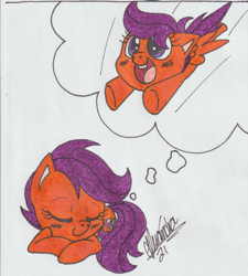 Size: 1445x1604 | Tagged: safe, artist:rhythm-is-best-pony, scootaloo, pegasus, pony, g4, cute, cutealoo, dream, flying, open mouth, open smile, scootaloo can fly, sleeping, smiling, solo, thought bubble, traditional art