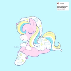 Size: 1440x1440 | Tagged: safe, artist:umbrellascribbles, pillow talk (g1), pony, g1, blue background, cyan background, lying down, prone, simple background, solo