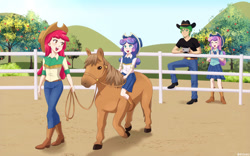Size: 1125x700 | Tagged: safe, artist:riouku, apple bloom, princess flurry heart, spike, sweetie belle, cow, horse, human, apple, apple tree, belt, boots, cellphone, clothes, commission, cow belle, cowboy boots, cowboy hat, cowgirl, cowgirl outfit, denim, female, fence, hat, humanized, jeans, male, older, older apple bloom, older flurry heart, older spike, older sweetie belle, pants, phone, riding, shipping, shoes, skirt, southern, species swap, spikebelle, stetson, straight, sweet apple acres, tree, uncle spike, western