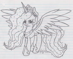 Size: 2169x1753 | Tagged: safe, artist:rhythm-is-best-pony, princess celestia, alicorn, pony, g4, lineart, lined paper, monochrome, solo, spread wings, traditional art, wings