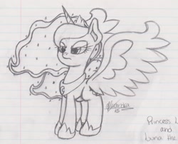 Size: 1788x1447 | Tagged: safe, artist:rhythm-is-best-pony, princess luna, alicorn, pony, g4, lidded eyes, lined paper, monochrome, sketch, solo, traditional art