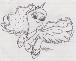 Size: 1639x1323 | Tagged: safe, artist:rhythm-is-best-pony, princess luna, alicorn, pony, g4, flying, lined paper, monochrome, sketch, solo, traditional art