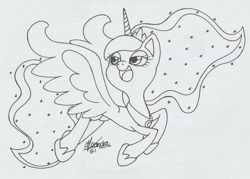 Size: 2901x2074 | Tagged: safe, artist:rhythm-is-best-pony, princess luna, alicorn, pony, g4, high res, lidded eyes, lineart, monochrome, open mouth, open smile, smiling, solo, spread wings, wings