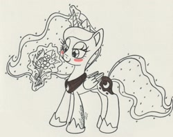 Size: 2288x1822 | Tagged: safe, artist:rhythm-is-best-pony, princess luna, alicorn, pony, g4, blushing, bouquet of flowers, flower, inktober, inktober 2022, lidded eyes, looking at something, magic, partial color, solo, telekinesis, traditional art