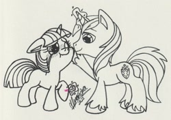 Size: 2032x1434 | Tagged: safe, artist:rhythm-is-best-pony, shining armor, twilight sparkle, pony, unicorn, g4, bandaid, brother and sister, comforting, crying, duo, female, filly, filly twilight sparkle, floppy ears, hoof on cheek, ink drawing, inktober, inktober 2022, lineart, magic, male, partial color, scrapes, siblings, telekinesis, traditional art, unicorn twilight, younger