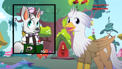 Size: 1280x720 | Tagged: safe, artist:mlp-silver-quill, fluttershy, oc, oc:dr. wolf, oc:silver quill, hippogriff, wolf, after the fact, after the fact:testing testing 1 2 3, g4, book, clothes, cropped layer, golden oaks library, inset, ponyville, suit
