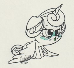 Size: 1331x1220 | Tagged: safe, artist:rhythm-is-best-pony, princess flurry heart, alicorn, pony, g4, floppy ears, foal, green face, inktober, inktober 2022, lidded eyes, partial color, runny nose, sick, snot, solo, traditional art, wings, wings down