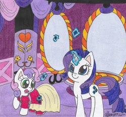 Size: 1147x1230 | Tagged: safe, artist:rhythm-is-best-pony, rarity, sweetie belle, pony, unicorn, g4, carousel boutique, clothes, duo, gem, magic, smiling, telekinesis, traditional art