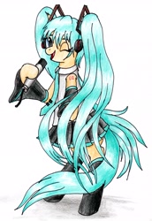 Size: 1973x2874 | Tagged: safe, artist:40kponyguy, derpibooru exclusive, earth pony, pony, anime, bipedal, clothes, cute, hatsune miku, headphones, hoof hold, leggings, looking at you, microphone, necktie, one eye closed, pigtails, pleated skirt, ponified, simple background, skirt, solo, traditional art, twintails, vocaloid, white background