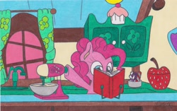 Size: 2547x1597 | Tagged: safe, artist:rhythm-is-best-pony, pinkie pie, earth pony, pony, g4, baking, book, bowl, commission, kitchen, mixer, solo, traditional art
