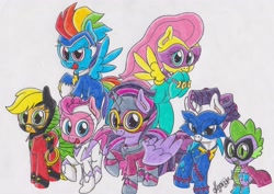 Size: 2894x2044 | Tagged: safe, artist:rhythm-is-best-pony, applejack, fili-second, fluttershy, mistress marevelous, pinkie pie, radiance, rainbow dash, rarity, saddle rager, spike, twilight sparkle, zapp, alicorn, dragon, earth pony, pegasus, pony, unicorn, g4, female, flying, group, high res, humdrum costume, looking at you, mane seven, mane six, mare, masked matter-horn costume, open mouth, open smile, power ponies, raised hoof, septet, signature, simple background, smiling, smiling at you, spread wings, traditional art, twilight sparkle (alicorn), white background, wings