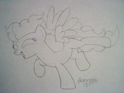 Size: 640x480 | Tagged: safe, artist:rhythm-is-best-pony, high winds, pegasus, pony, g4, ^^, eyes closed, lineart, monochrome, old art, open mouth, open smile, smiling, solo, spread wings, traditional art, wings