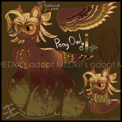 Size: 2500x2500 | Tagged: safe, artist:medkit, oc, oc only, bird, hybrid, original species, owl, pegasus, pony, accessory, adoptable, auction, auction open, big eyes, chest fluff, clothes, colored hooves, colored pupils, colored sketch, colored wings, colored wingtips, ears up, eyebrows, feather, feathered mane, feathered tail, feathered tassels, feathered wings, fern, folded wings, gradient background, gradient hooves, gradient mane, gradient wings, grass, high res, hoof fluff, horseshoes, leaves, male, multicolored coat, multicolored mane, pattern, pegasus oc, ponytail, raised hoof, reference sheet, scarf, shell, short mane, sketch, solo, spread wings, stallion, standing, tail, tassels, thick eyebrows, wings